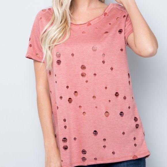 DISTRESSED SHORT SLEEVE TOP - Picture 1 of 5